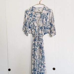 Floral, white, button-up, tie-back maxi dress